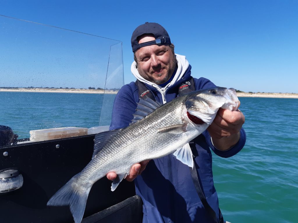 Pêcheur avec un bar à bord du bateau