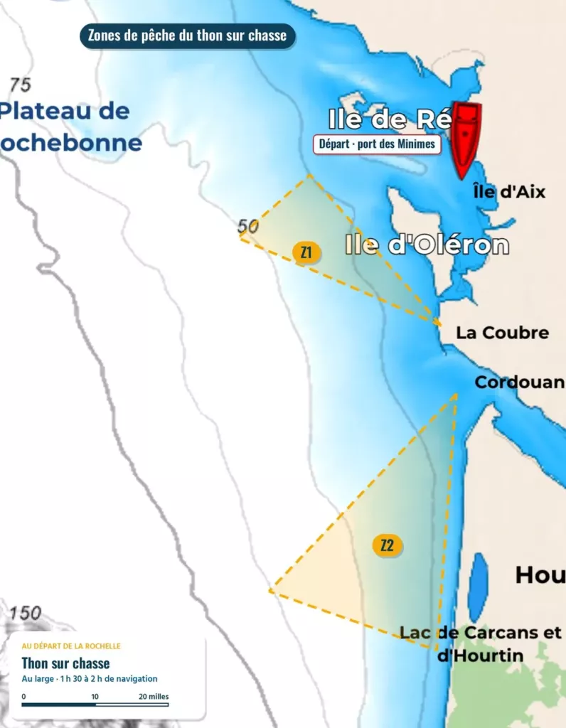 Carte des zones de pêche du thon sur chasse au large d’Oléron et du Médoc, au départ de La Rochelle